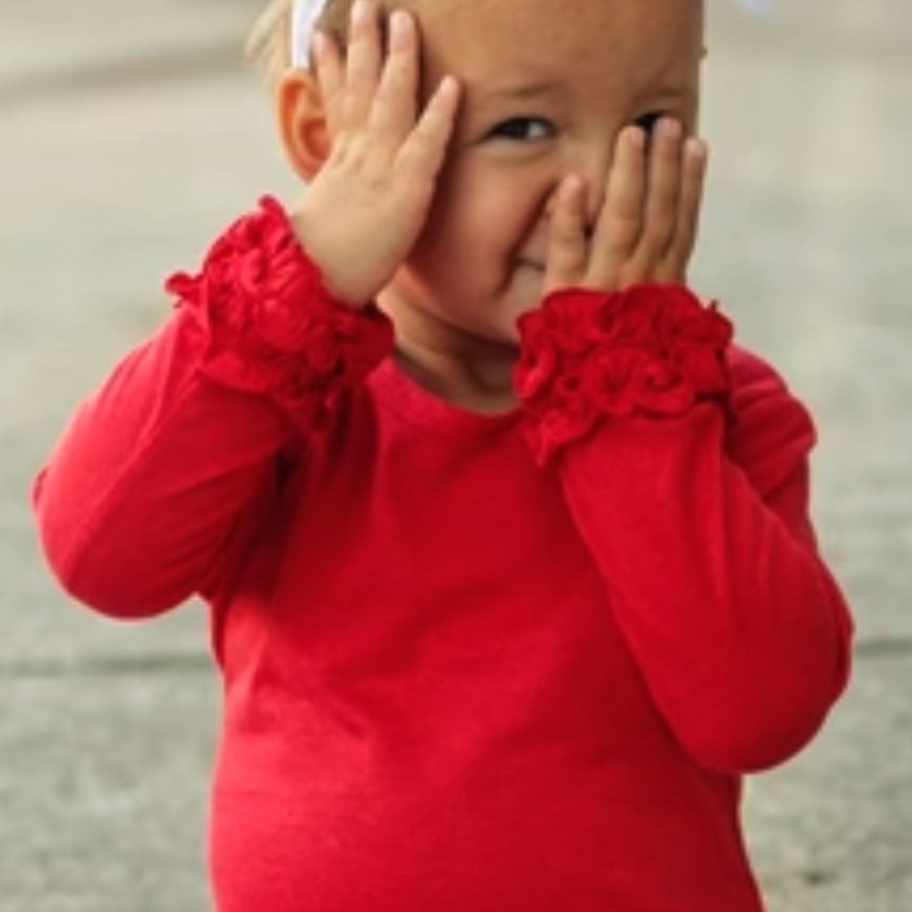 Vibrant Red Long Sleeve Kids Tee with Ruffled Cuffs
